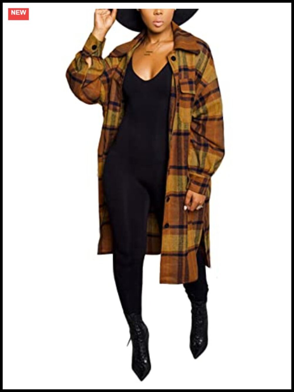 Oversized Long Plaid Shacket Button Down Coat Relaxed Fit Polyester